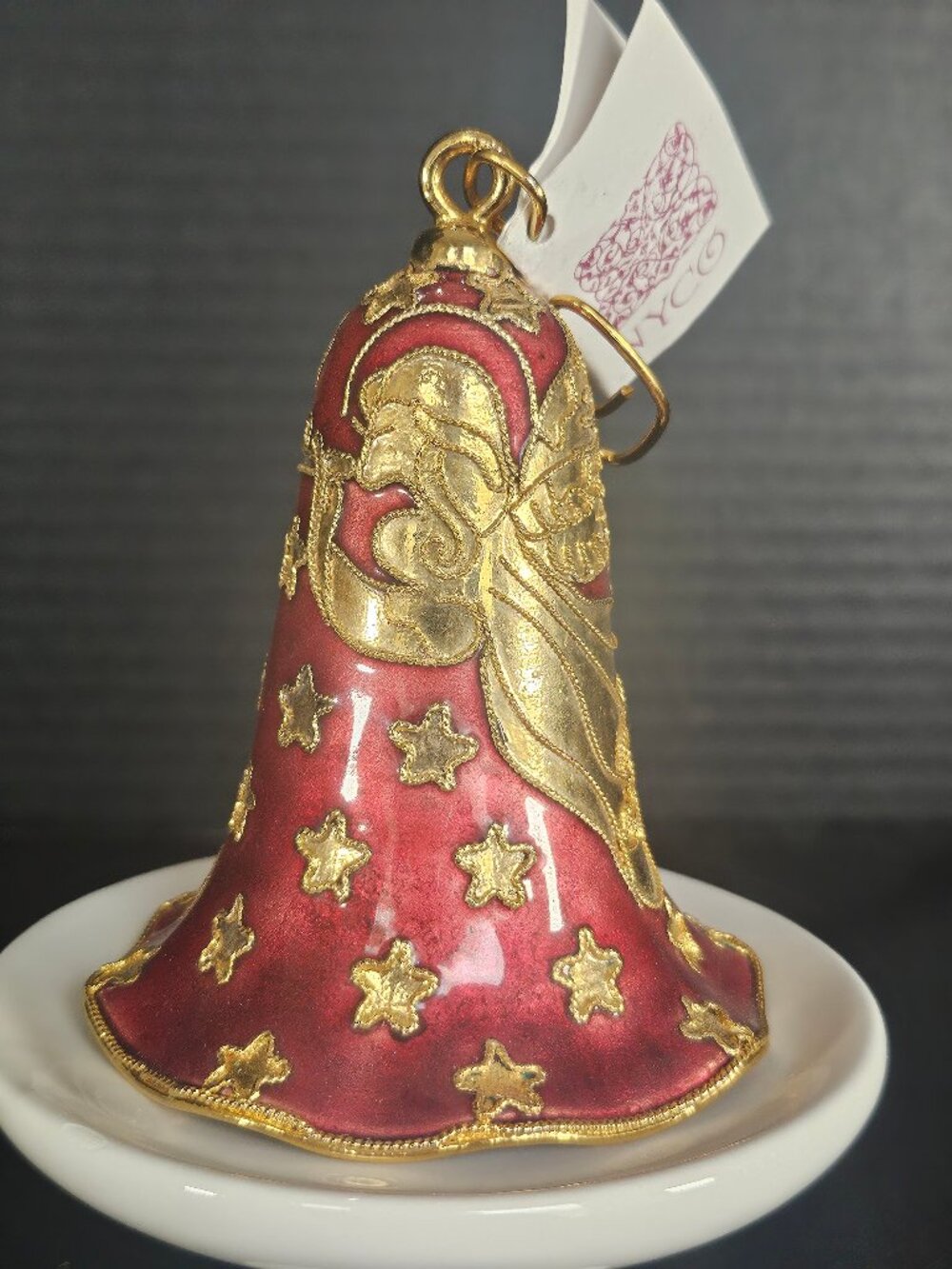 NYCO Cloisome 4.5" Christmas Bell Ornament Gold Angel & Star Red Enamel NOS